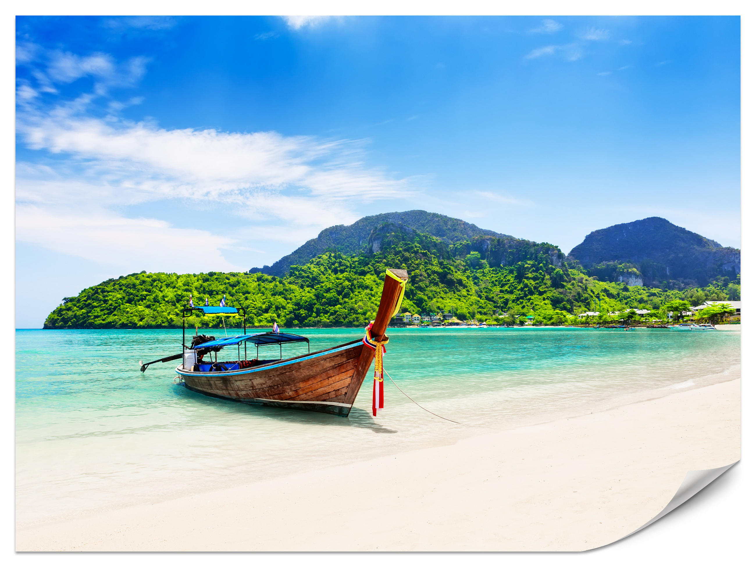FOTOTAPETE für Schlafzimmer Boot Tropenstrand Palmen Meer 200x140 - Türkis/Blau, Papier (200/140cm) - Muralo