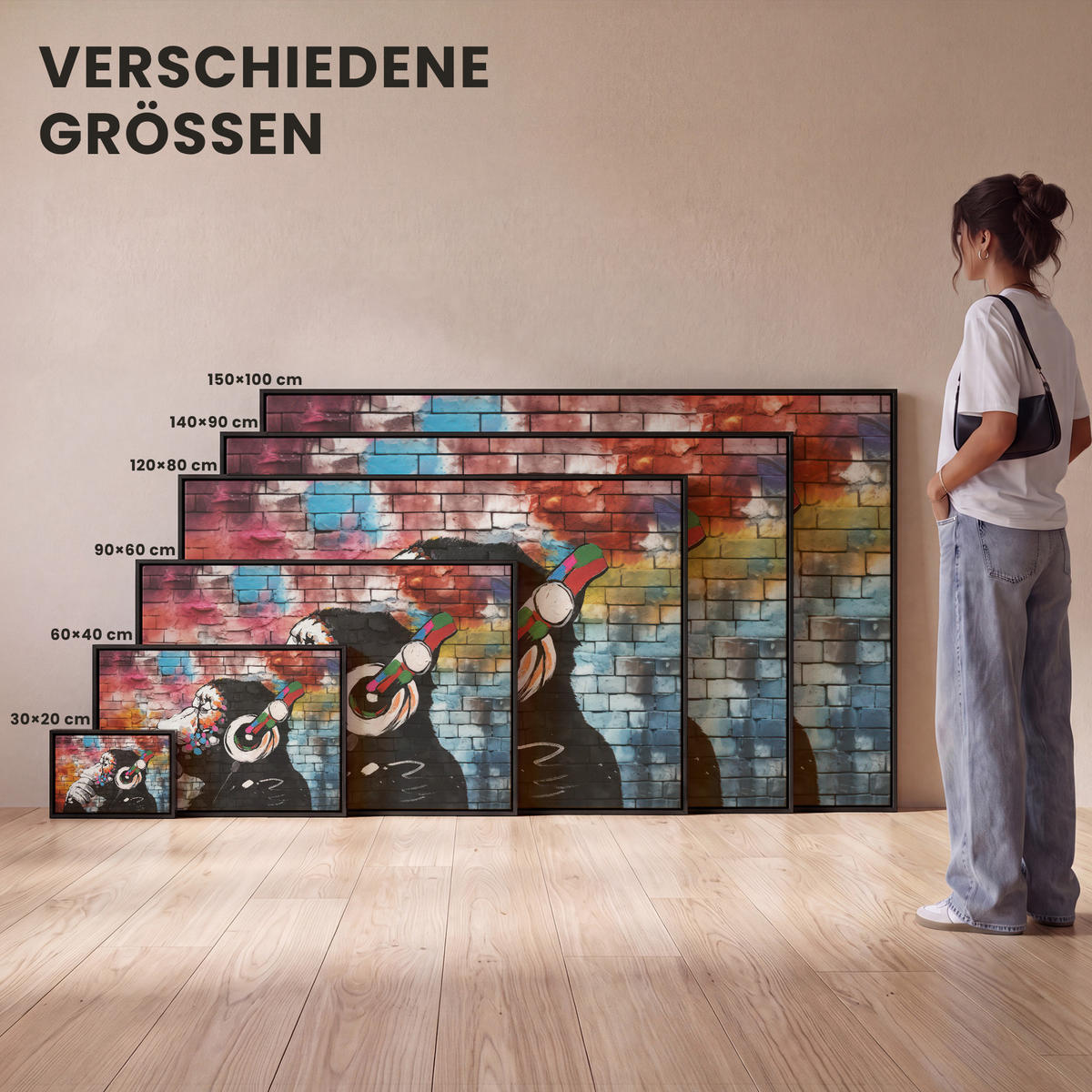 LEINWAND Bilder mit Rahmen - Affe - Graffiti - Musik - 120x80 - Multicolor, Textil (120/80cm) - MuchoWow
