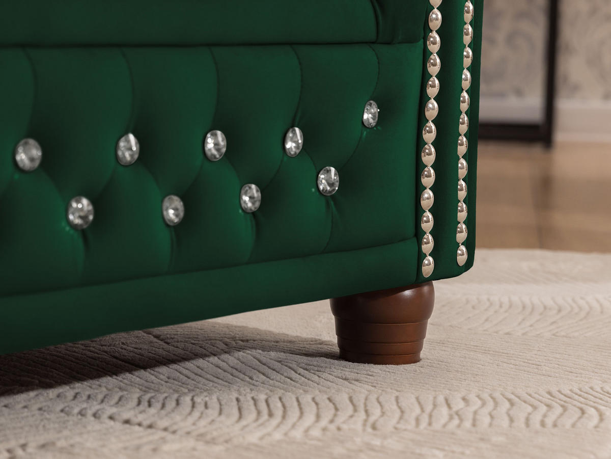 ECKSOFA mit Schlaffunktion Chesterfield Flasche Grün Samt mit Kristallsteppung und braunen Massivholzfüßen - Ottomane Links - Braun/Grün, Holz/Textil (264/210cm) - S-Style Möbel