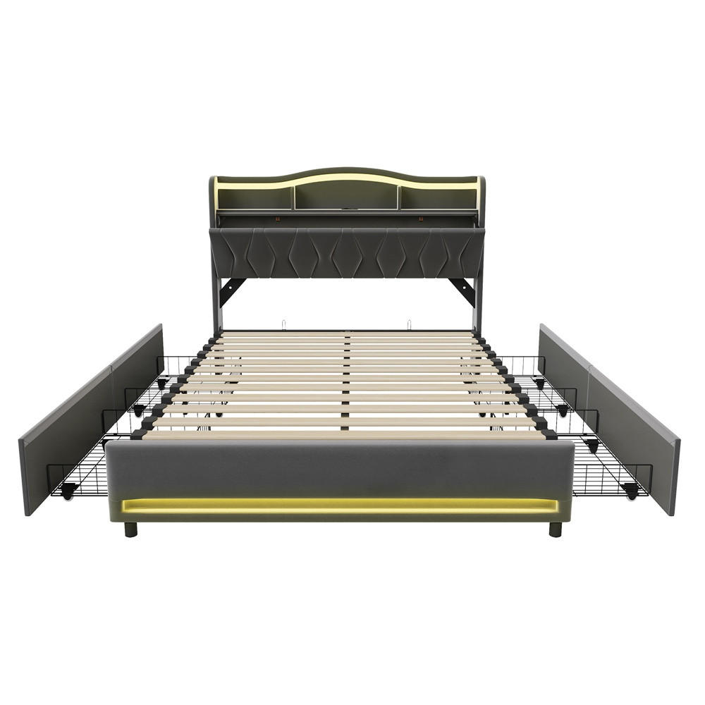 POLSTERBETT 160x200cm - Doppelbett mit 4 Schubladen - RGB-LED-Beleuchtung - Stauraum-Kopfteil - ohne Matratze - Grau - Grau, Textil (160/200cm) - DELFA