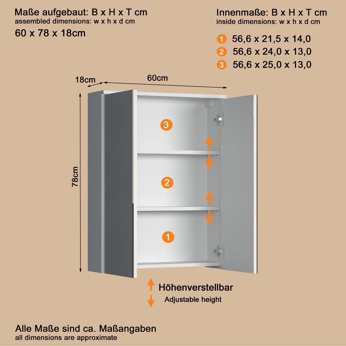 SPIEGELSCHRANK weiß 60 x 78 cm, Badschrank 2-türig - Silberfarben, Glas/Holzwerkstoff (60/78/18cm) - Top.Furn