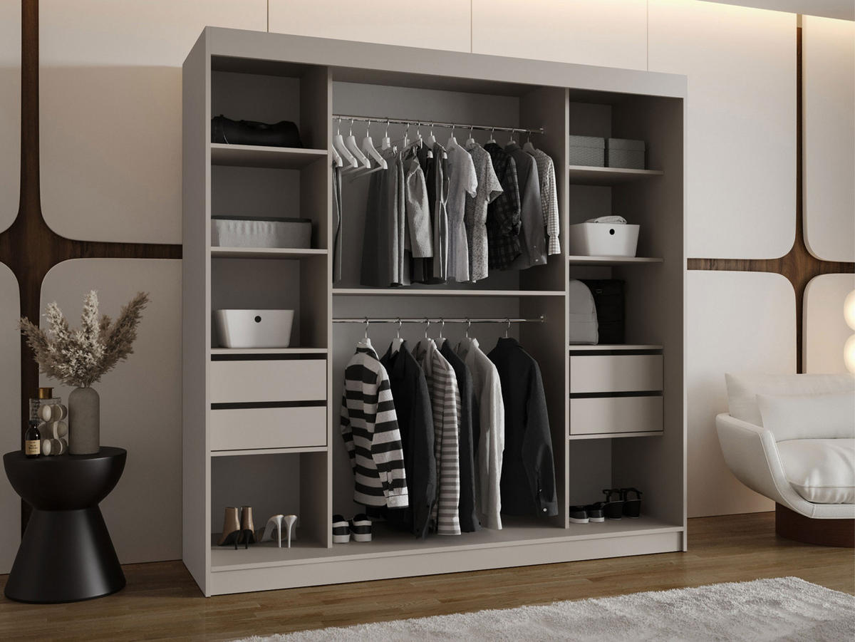 SCHWEBETÜRENSCHRANK Bahrajn 200 mit Schubladen - Kaschmir/Silberfarben, Holzwerkstoff/Kunststoff (200/200/62cm) - MIRJAN24