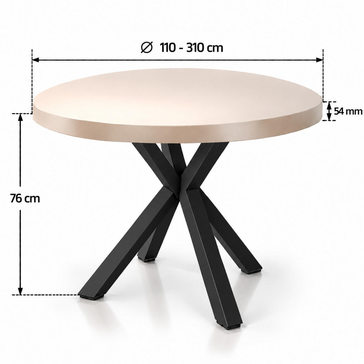 ESSTISCH rund ausziehbar 110/310/76 cm, Kaschmir, 54 cm Tischplatte + X Metallbeine Schwarz - Kaschmir, Holzwerkstoff/Metall (110/310/76cm) - Damale Möbel