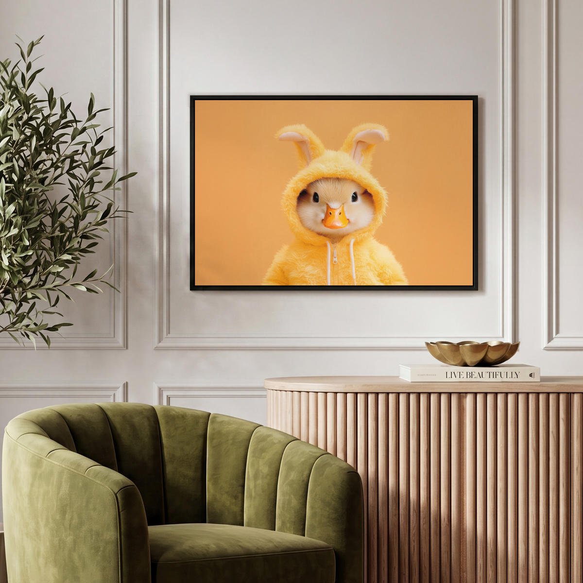 LEINWAND Bilder mit Rahmen - Osterhase - Kostüm - Ente - 60x40 - Gelb, Textil (60/40cm) - MuchoWow
