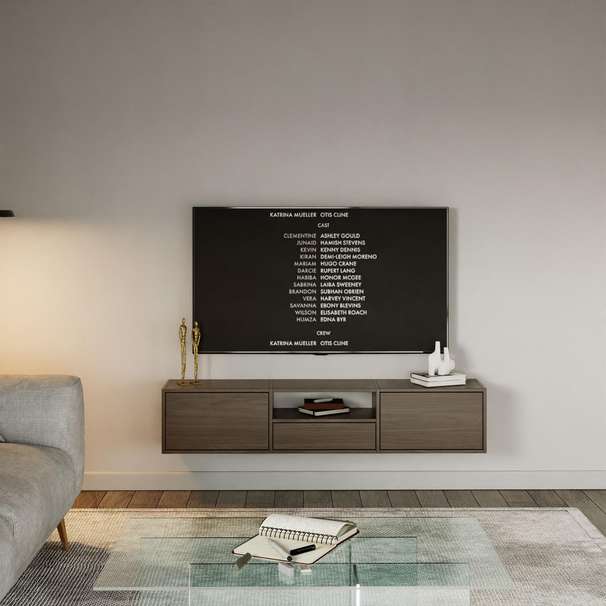 TV-LOWBOARD hängend, 3 Klappen und Ablage, Walnuss, 150 cm - Dunkelbraun, Holzwerkstoff (150.1/30/30cm) - Selsey