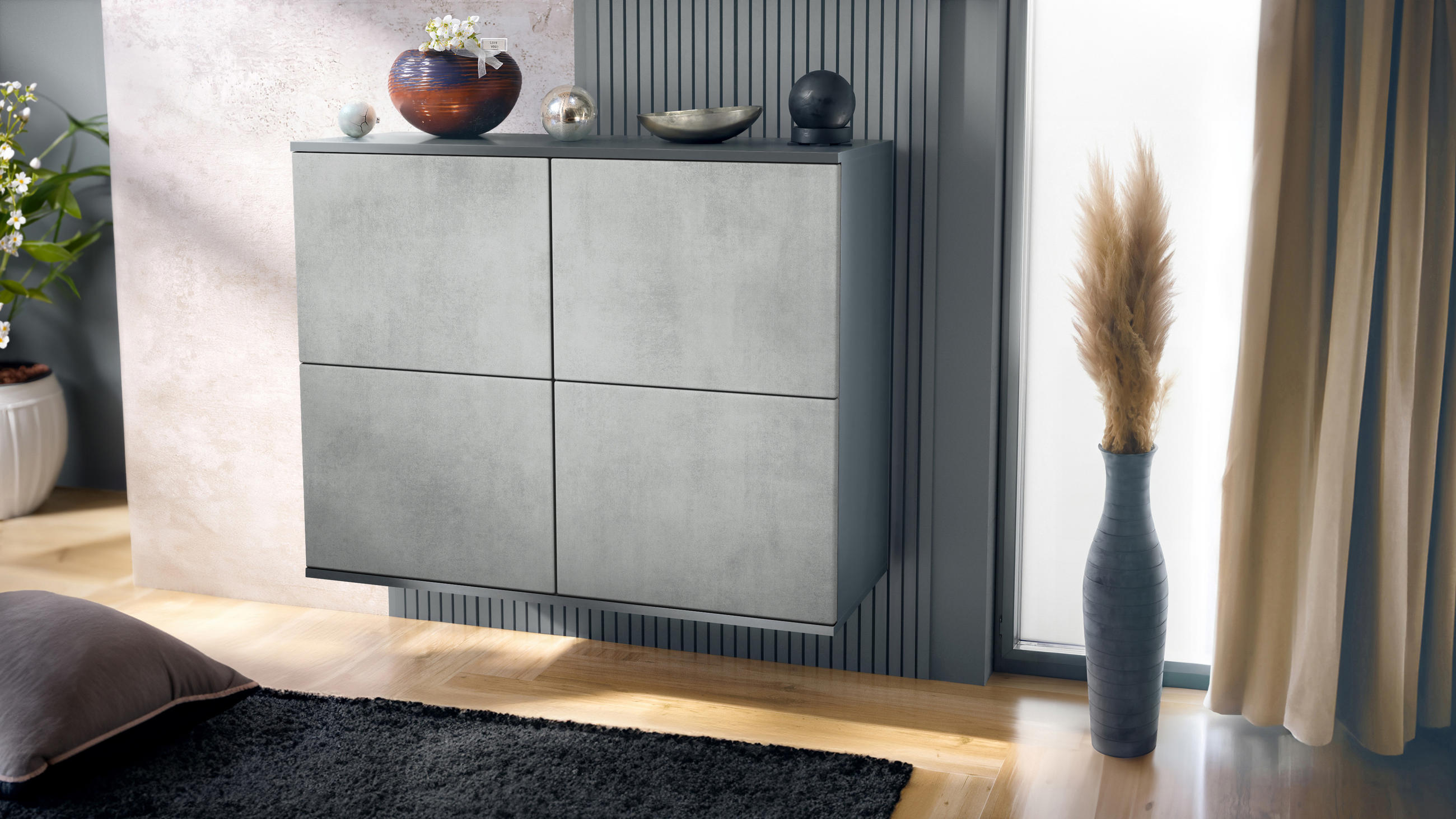 KOMMODE Rova Beton Oxid Optik - Hellgrau, Holzwerkstoff (92.5/73.5/35cm) - Vladon