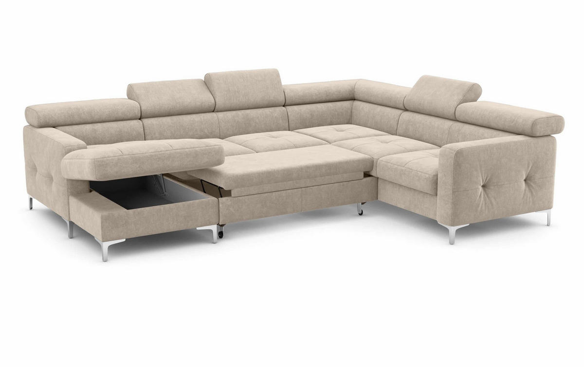 WOHNLANDSCHAFT mit Schlaffunktion und Bettkasten - Chromfarben/Beige, Holz/Textil (240/74/304cm) - Cotta