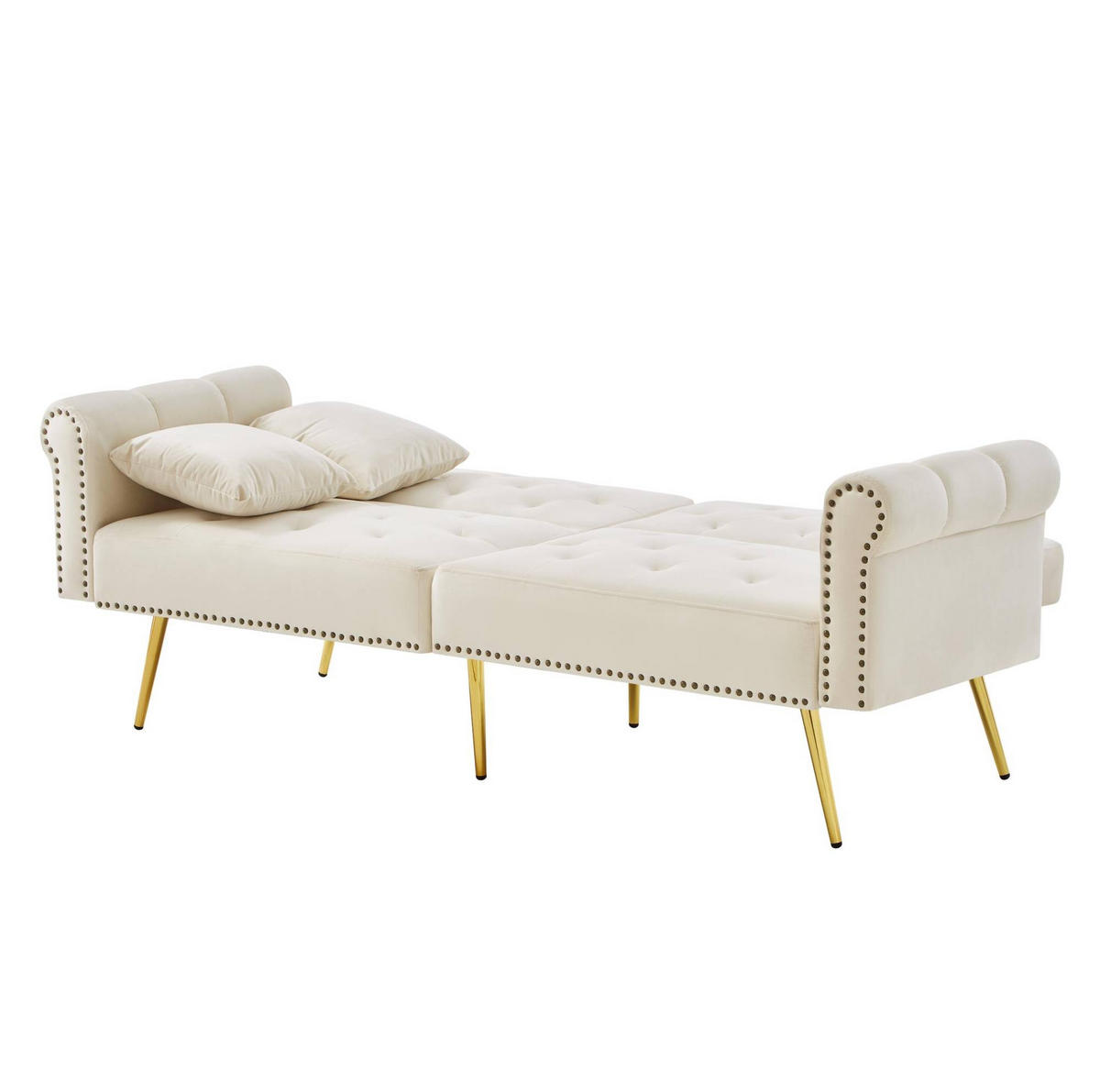 ROZKLÁDACÍ pohovka 147/85 cm béžová ze sametu s nastavitelnou opěrkou a zlatými nohami - béžová, plast (173/70/75cm) - OKWISH