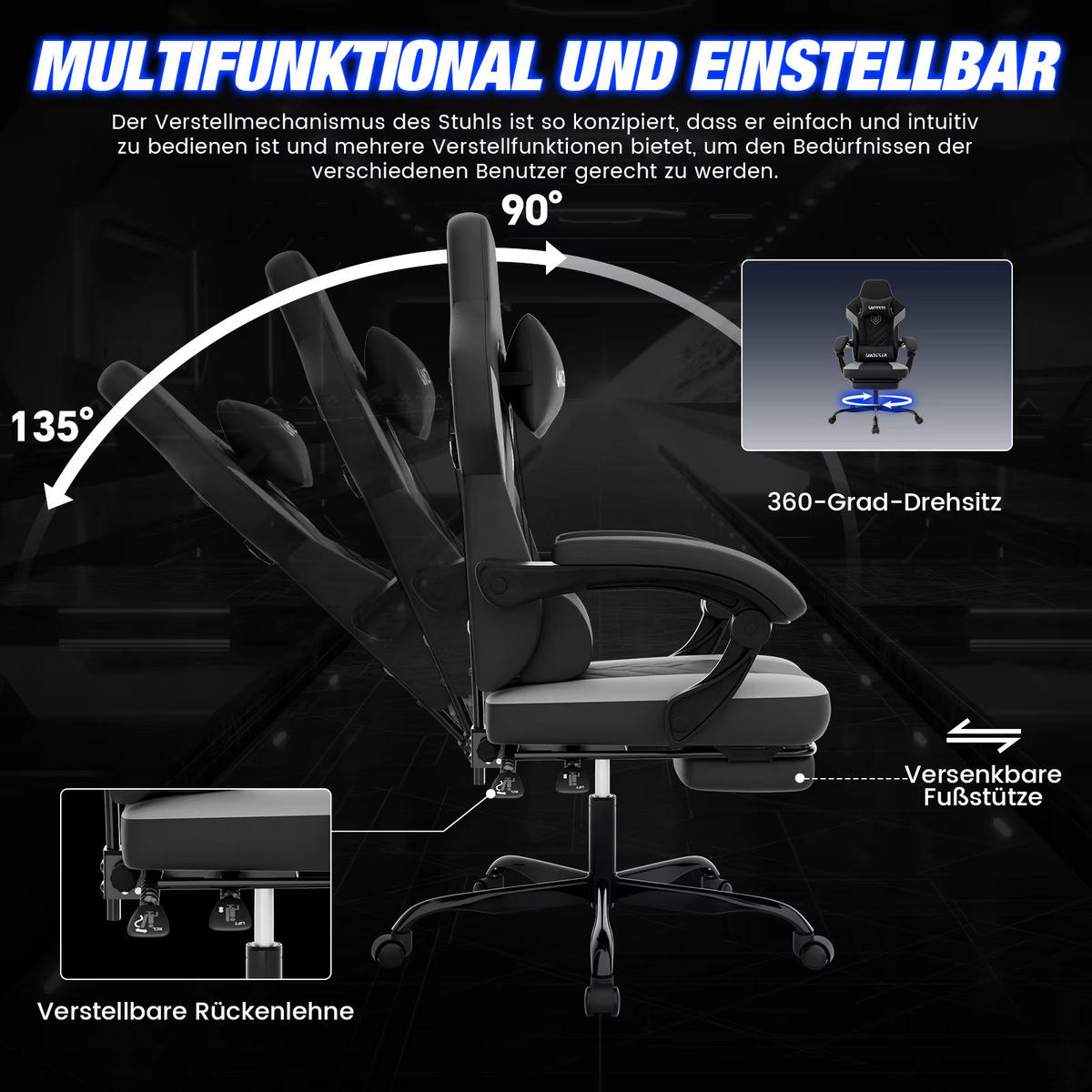 GAMINGSTUHL mit Fußstütze Verstellbar Schwarz - Schwarz, Metall (63/127/53cm) - Kaket
