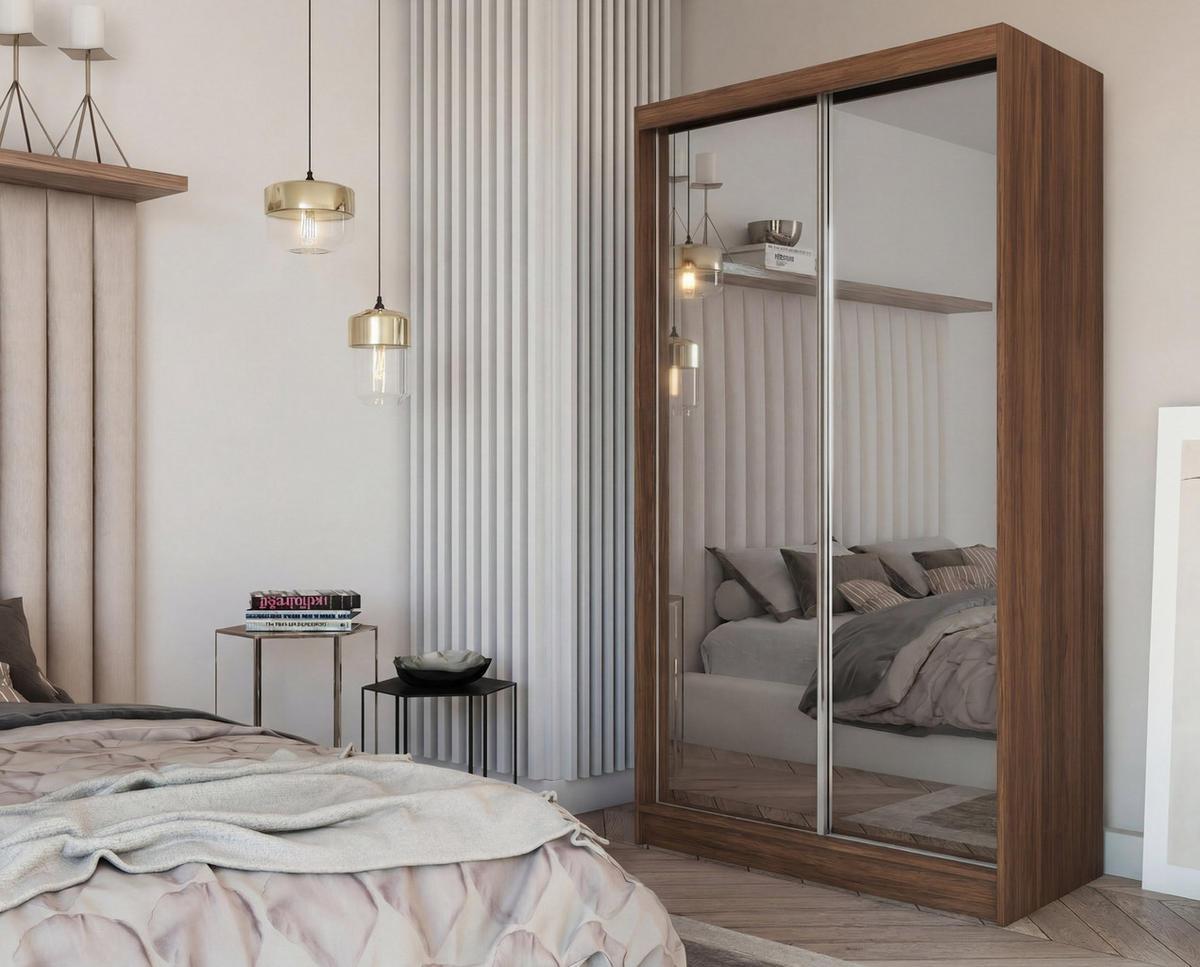 SCHWEBETÜRENSCHRANK BELLINA 120/216/61 cm Modern Kleiderschrank 2-türig mit Spiegel Nussbaumfarben - Nussbaumfarben, Holzwerkstoff (120/216/61cm) - MASSENO
