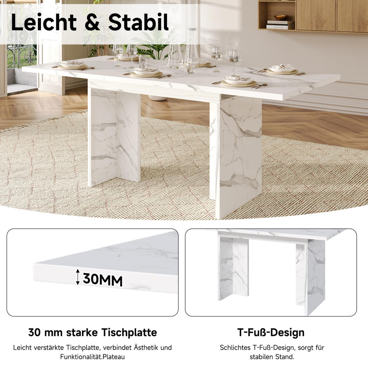 ESSTISCH aus MDF 180x80x75 cm Weißer Marmor ausziehbar für 6-8 Personen mit 30 mm starker Tischplatte - Weiß, Holzwerkstoff (180/80/75cm) - Modfu
