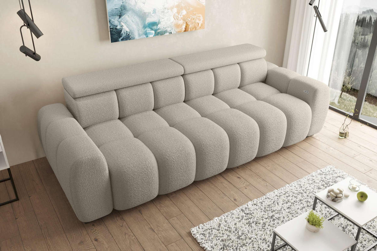 BIGSOFA ALESSIO Bouclé-Stoff Cappuccino mit elektrischer Sitztiefenverstellung - Cappuccino, Kunststoff/Textil (248/77/108cm) - 99rooms
