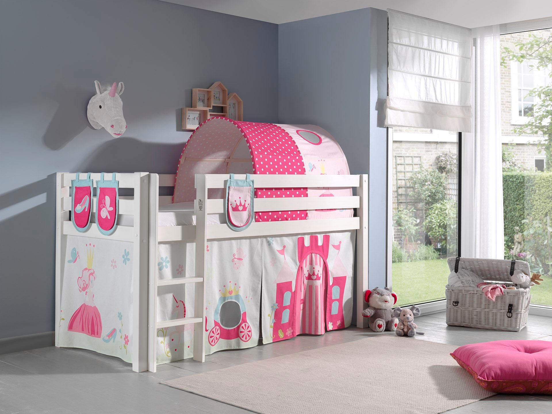 KINDERBETT Karolina 210x114x106 Massivholz Weiß Textilset Princess 4 - Magenta/Weiß, Holz (90/200cm) - 58aufmkessel