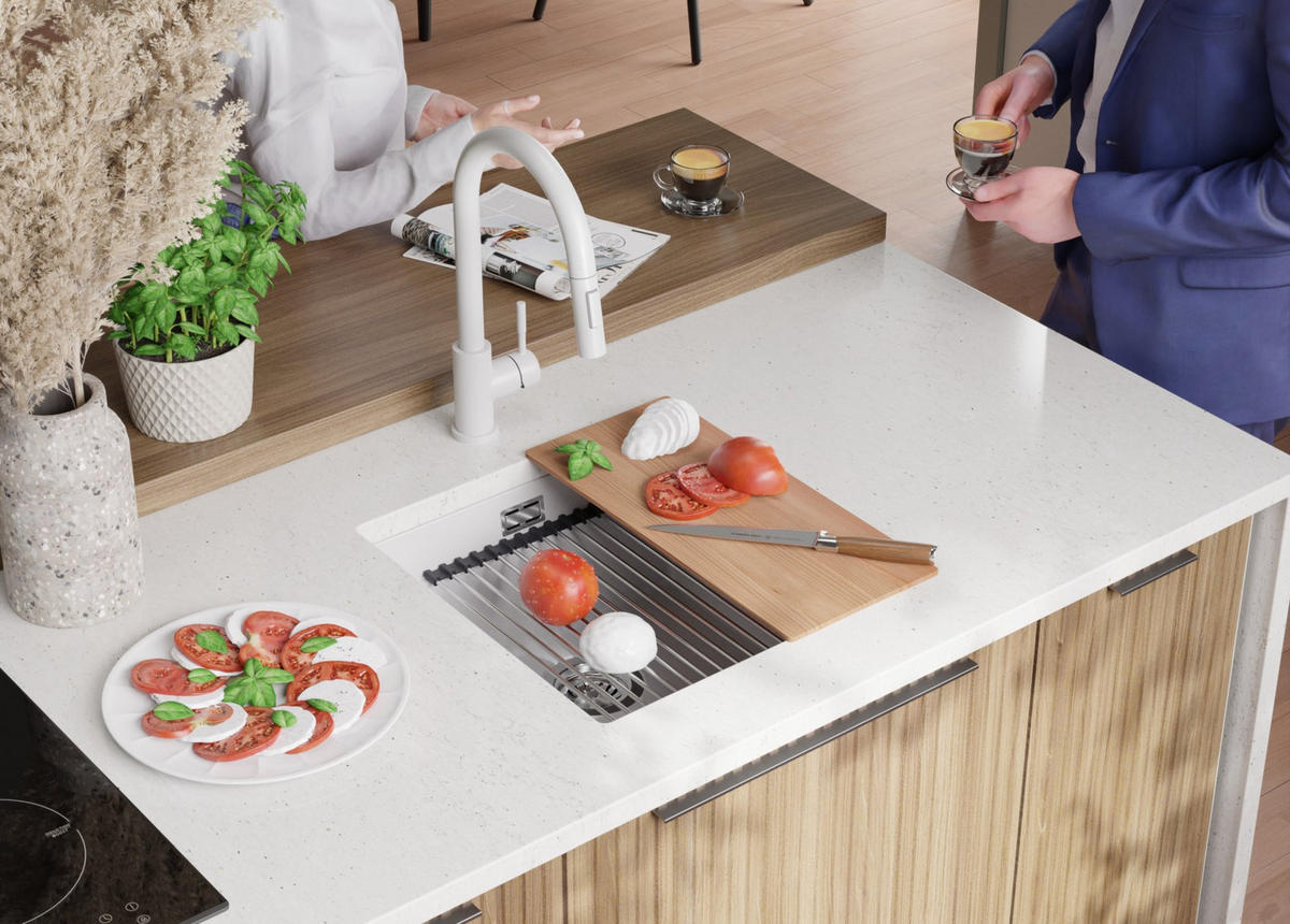 UNTERBAUSPÜLE GRANIT Praga, 2-er set Weiß 46/47 cm 1 Becken + Küchenarmatur 38/14 cm + Ablauf-Set + Aufrollbare Abtropffläche ab 50er Unterschrank - Chromfarben/Weiß, Kunststoff (46/20/47cm) - Primagran