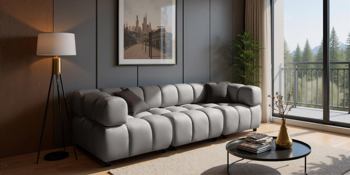 SOFA 4-Sitzer Modular, Couch, Veloursstoff Bluvel, Grau, Bolla - Grau, Holz (192/71/96cm) - Kaiser Möbel