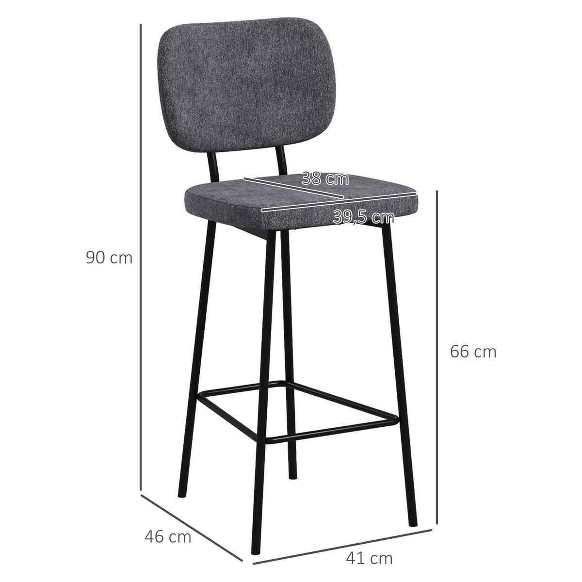 BARHOCKER 2er-Set DE-14726 mit Rückenlehne & Fußstütze Leinenbezug - Grau, Metall (46/90/41cm) - ComfortXL