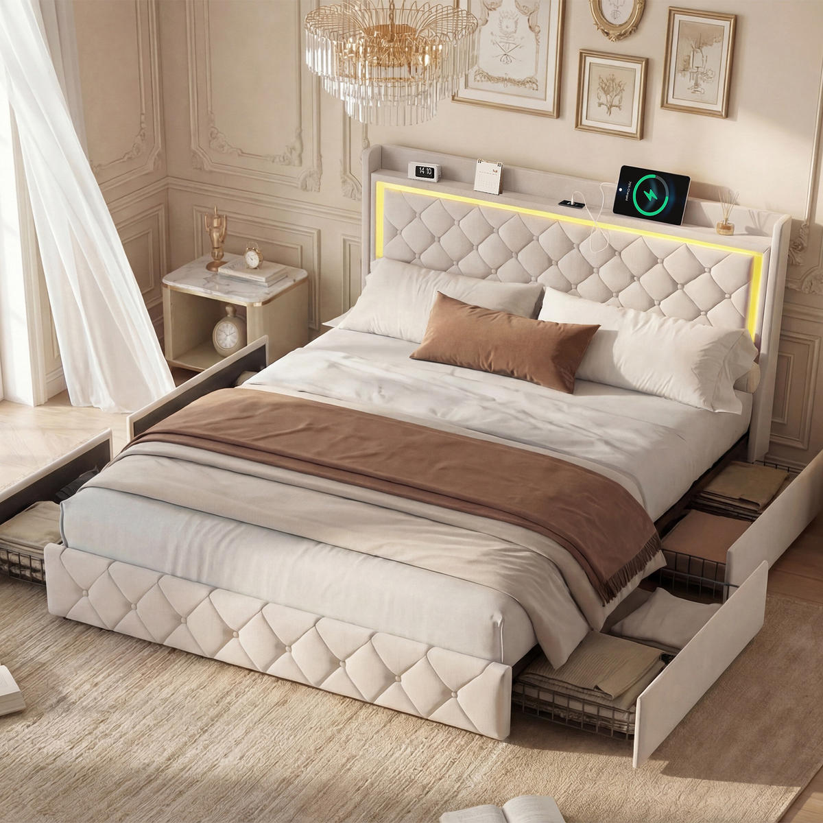 POLSTERBETT 140x200cm Funktionsbett mit LED-Beleuchtung und Stauraum – Samt Beige - Beige, Textil (140/200cm) - DELFA