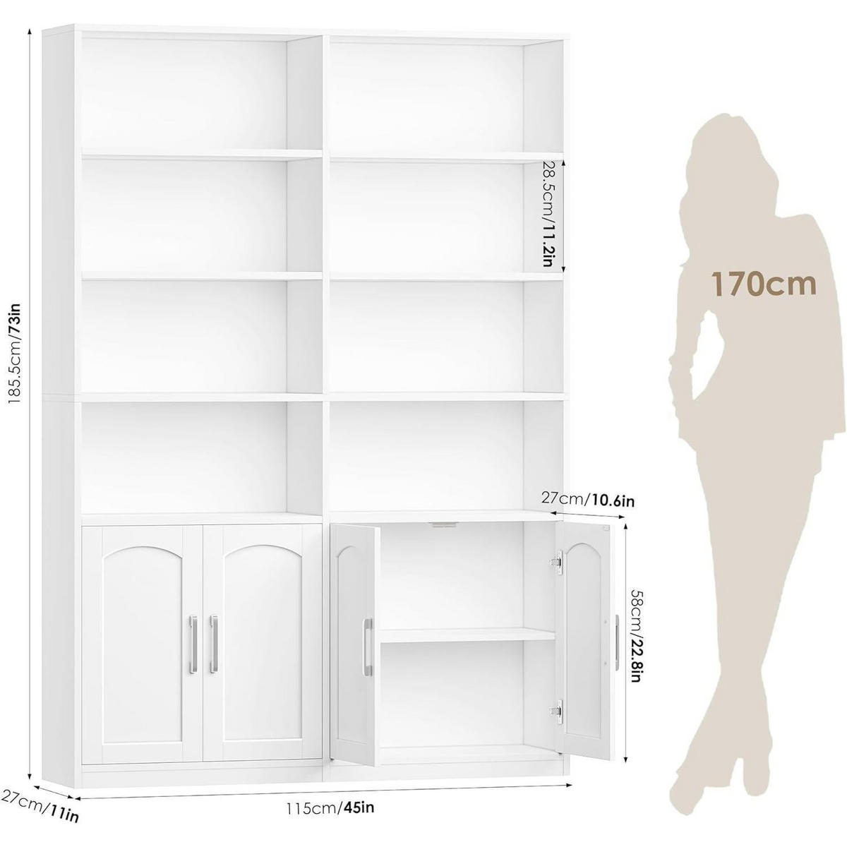 BÜCHERREGAL mit Türen 115 x 27 x 185,5 cm Weiß - Weiß, Holzwerkstoff (115/185.5/27cm)