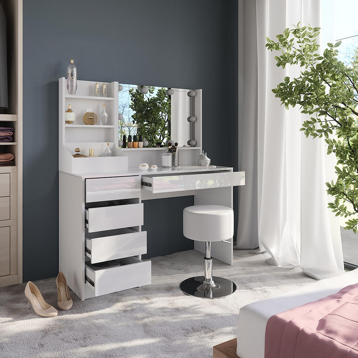 SCHMINKTISCH Sherry Weiß/Weiß Hochglanz 119.8 cm 4 Teile - Weiß Hochglanz, Holzwerkstoff (119.8/76/50.1cm) - Vicco