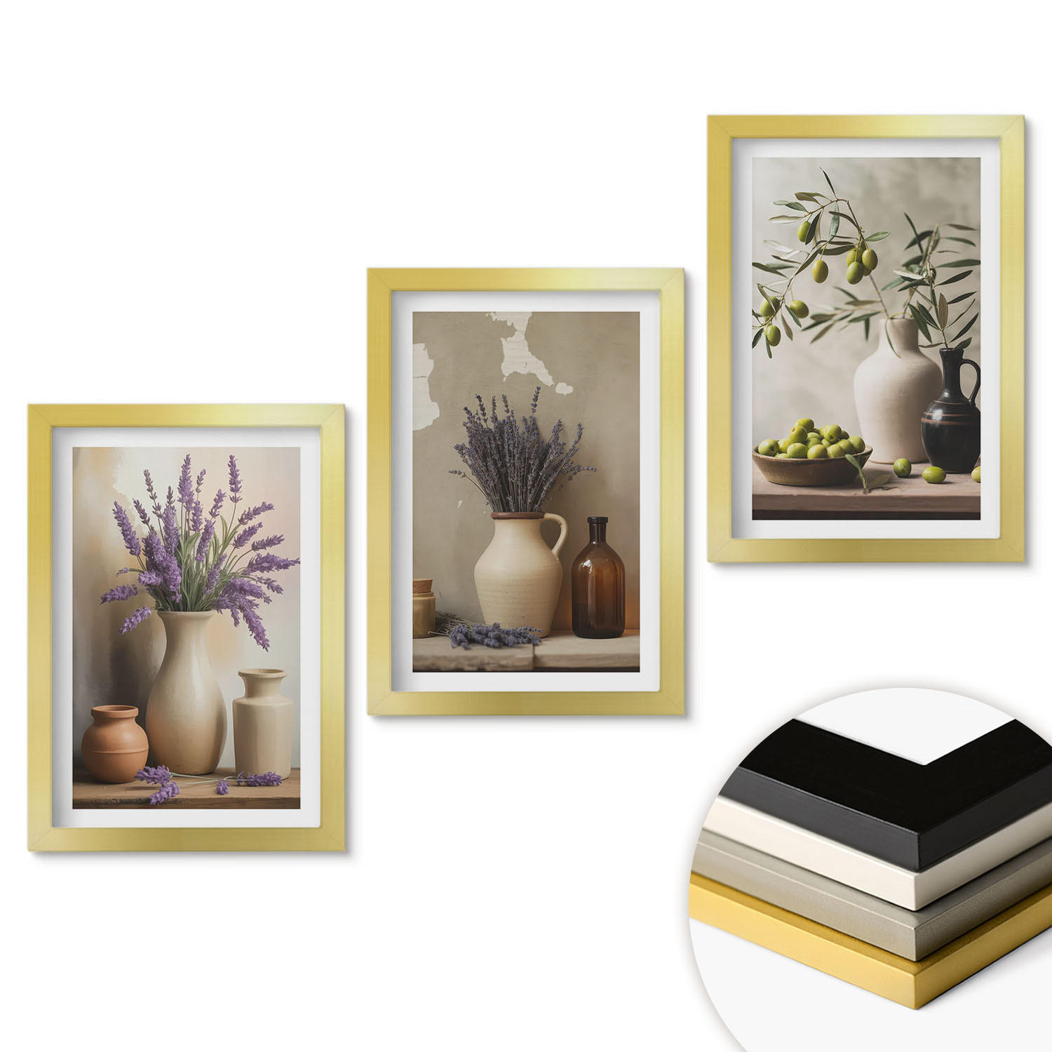 WANDBILDER 3er Set - 20x30 cm Goldrahmen - Blumen in Vasen, Oliven, Dekorationen - Goldfarben, Kunststoff (20/30cm) - ArtPrintCave