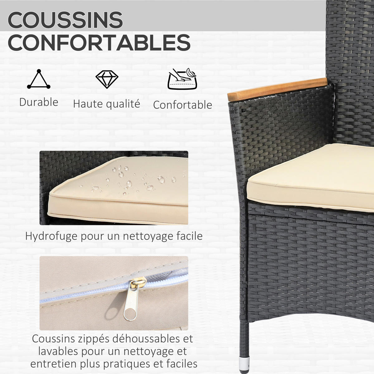 GARTENESSGRUPPE DE-13570 7-teilig mit Tisch & 6 Stühlen, Acacia-Holz Schwarz/Beige - Schwarz, Metall - ComfortXL