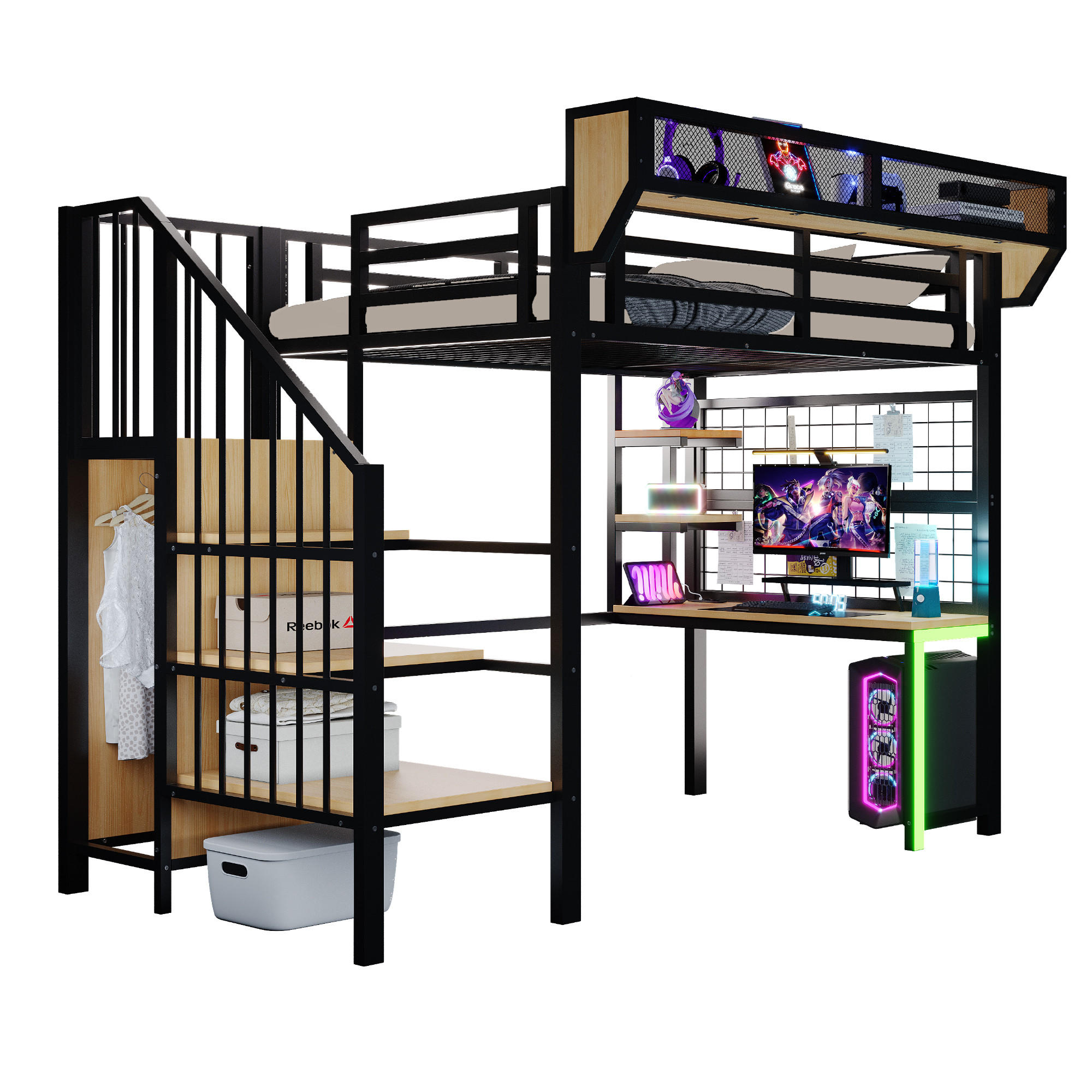HOCHBETT 90/200 cm in Schwarz mit Schreibtisch, Regal, LED und Steckdose - Schwarz, Holzwerkstoff/Metall (90/200cm) - STILVORA