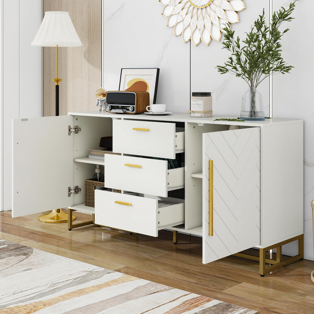 SIDEBOARD 145/40/75 cm weiß aus MDF-Holzwerkstoff mit Fischgrätenmuster und 3 Schubladen - Weiß, Holzwerkstoff (145/75/40cm) - OKWISH