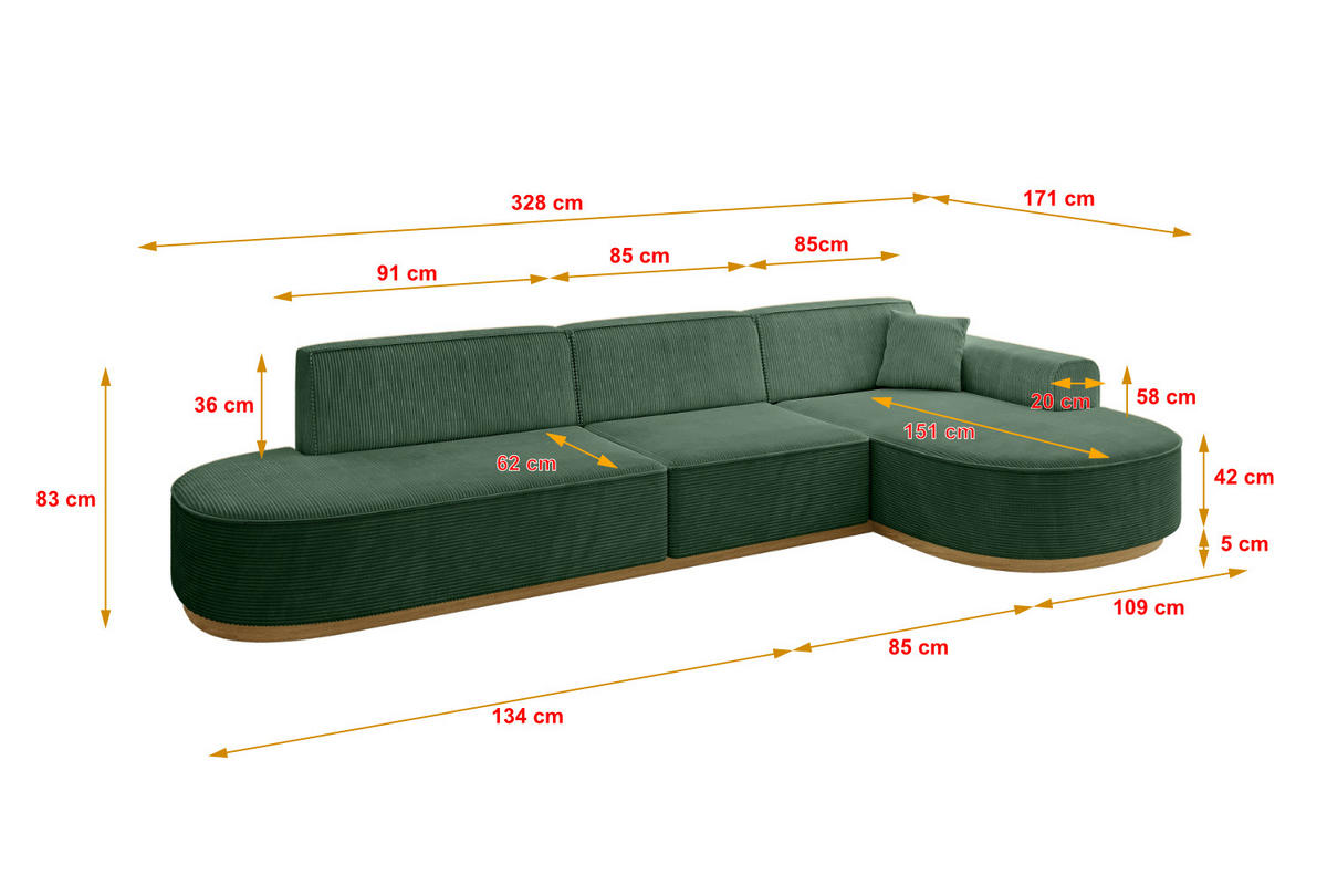 ECKSOFA Ottomane Rechts MARI-L2-v2 - 328x171x83 cm Grün Cord - Grün, Holzwerkstoff/Textil (171/328cm) - ALTDECOR