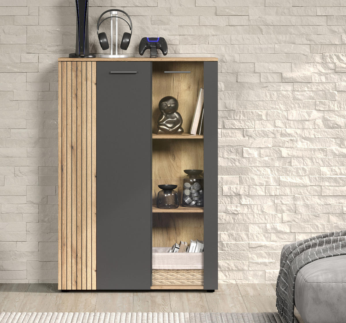 HIGHBOARD grau, Evoke Eiche 90 x 132 cm, Kommode in modernem Design - Eichefarben/Schwarz, Glas/Holzwerkstoff (90/132/34cm) - Top.Furn