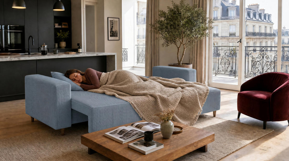 ECKSOFA RIO mit Schlaffunktion und Bettkasten, Farbe: Blau, Cordstoff, Ottomane Universal - Blau, Textil (249/142cm) - Marpur