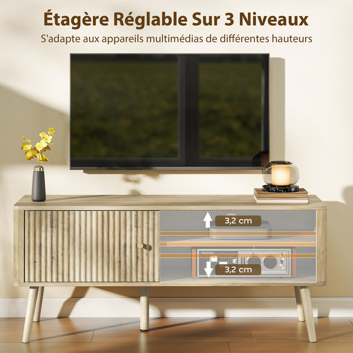 TV-BANK Eichenfarben 115/35/49 cm, 1 Tür, Offene Fächer, Kabelmanagement - Eichefarben, Holzwerkstoff (115/49/35cm) - PANGIVO
