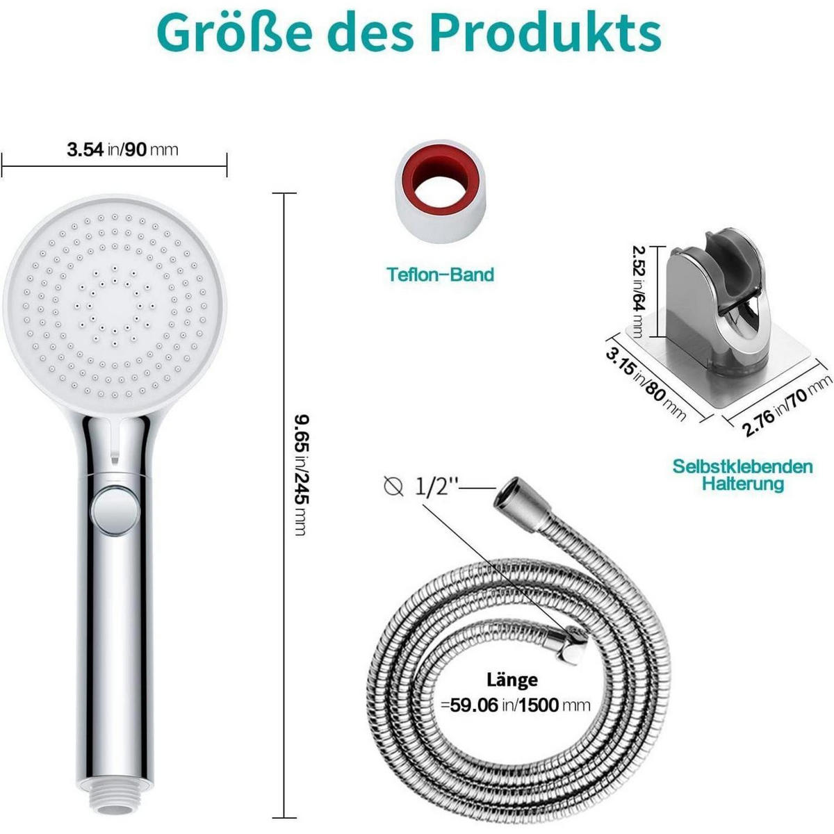HANDBRAUSE Set 3 Strahlarten Wassersparend mit Schlauch und Halterung - Silberfarben, Metall (9/12.7/24.5cm)