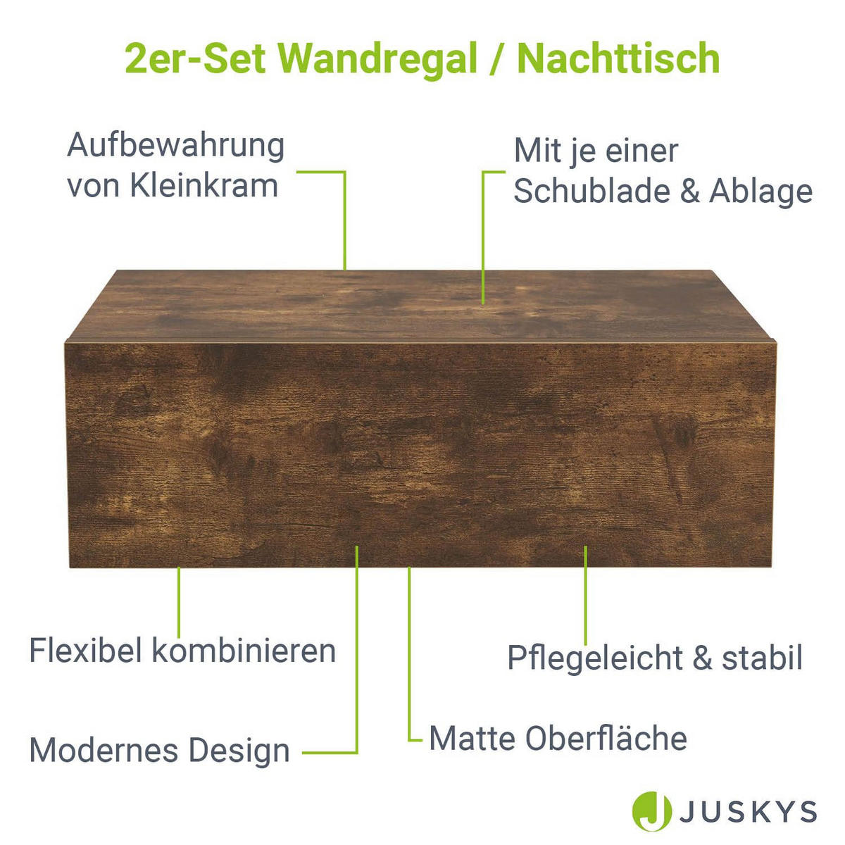 WANDREGAL mit Schublade holzoptik (2er-Set) - Braun, Holz (46/15/30cm) - Juskys