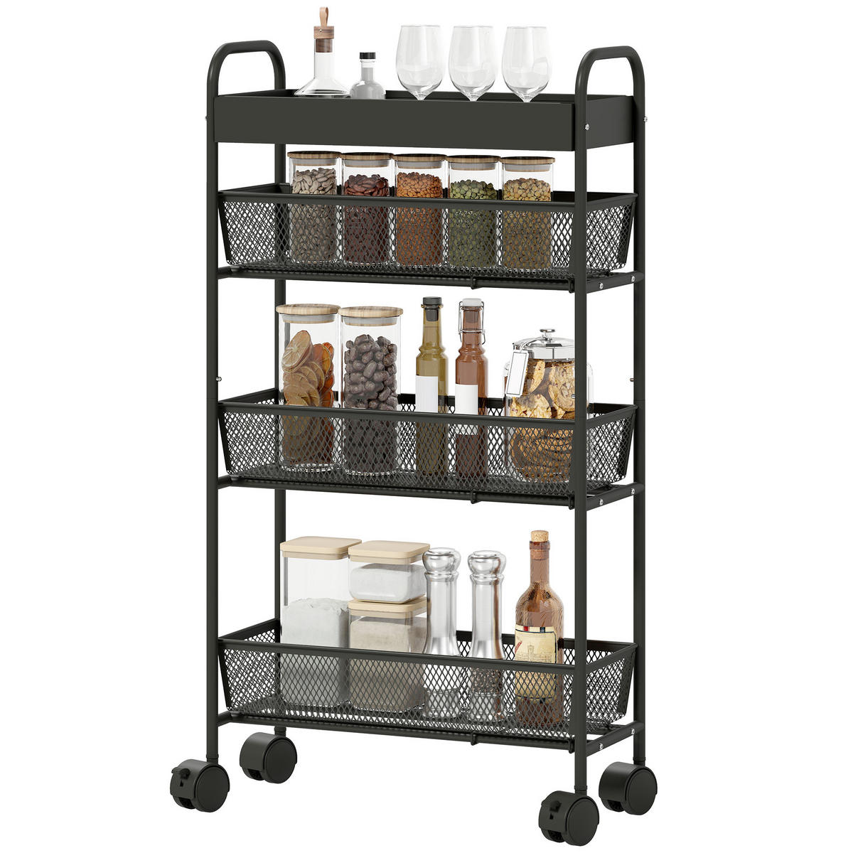 KÜCHENWAGEN DE-17141 3 ausziehbare Körbe & obere Ablage Schwarz - Schwarz, Metall (19/80/43.2cm) - ComfortXL