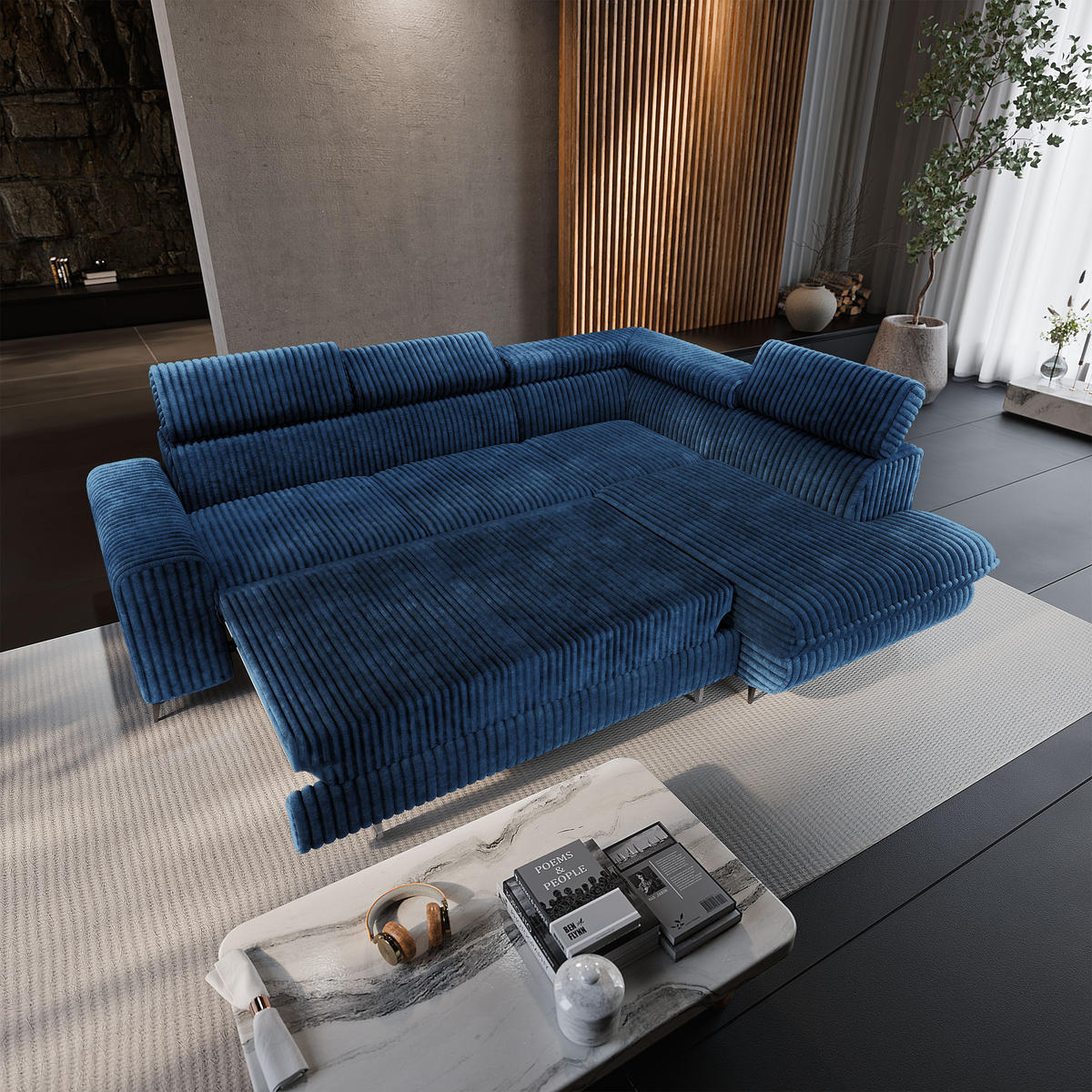 ECKSOFA VELISS Blau Kordstoff mit Schlaffunktion - Blau, Holz (255/193cm) - MASSENO