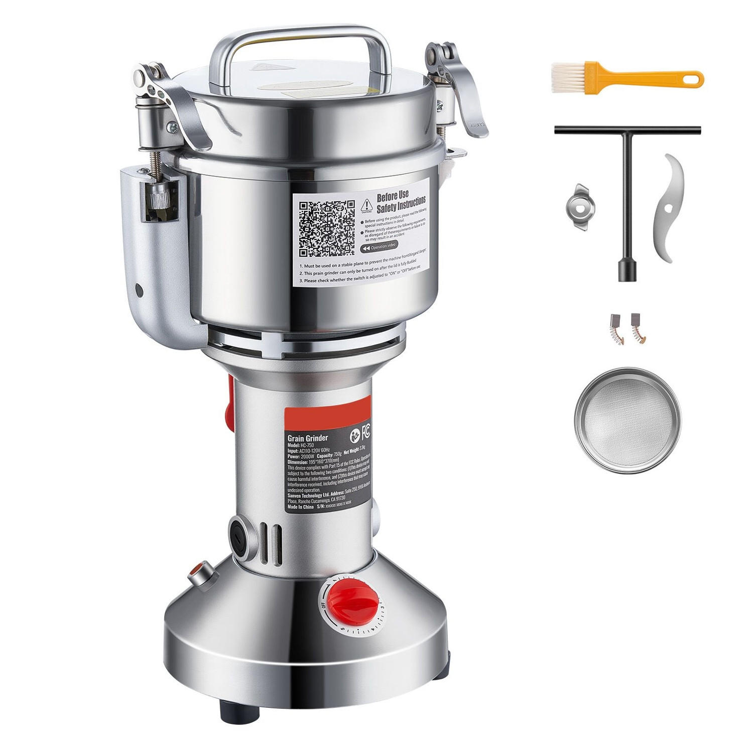 GETREIDEMUHLE Elektrische 750g Edelstahl 2000W - Silberfarben, Metall (20.01/41/20.01cm) - Rolipo