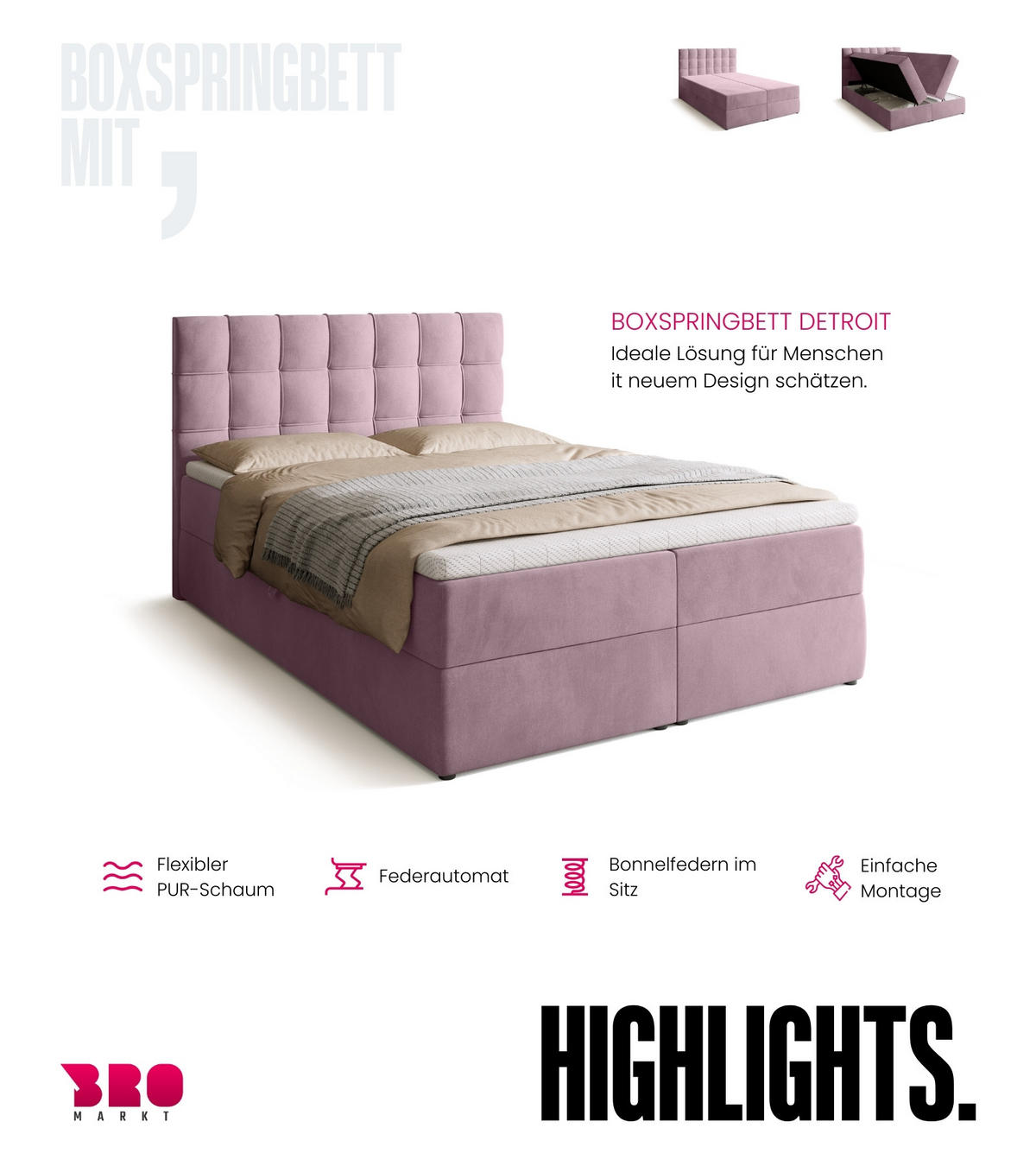 BOXBETT Detroit mit Topper 140/200 Rosa - Rosa, Holzwerkstoff/Textil (140/200cm) - Bromarkt