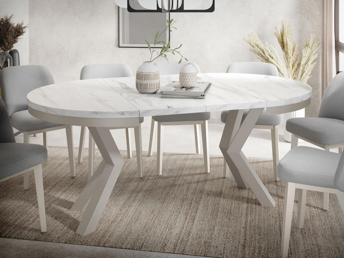 ESSTISCH Clara Grau-Beige runder ausziehbarer, Marmor Weiß 100-180/100/76 cm - Ecru/Grau, Holzwerkstoff/Metall (100/100/76cm) - WFL GROUP