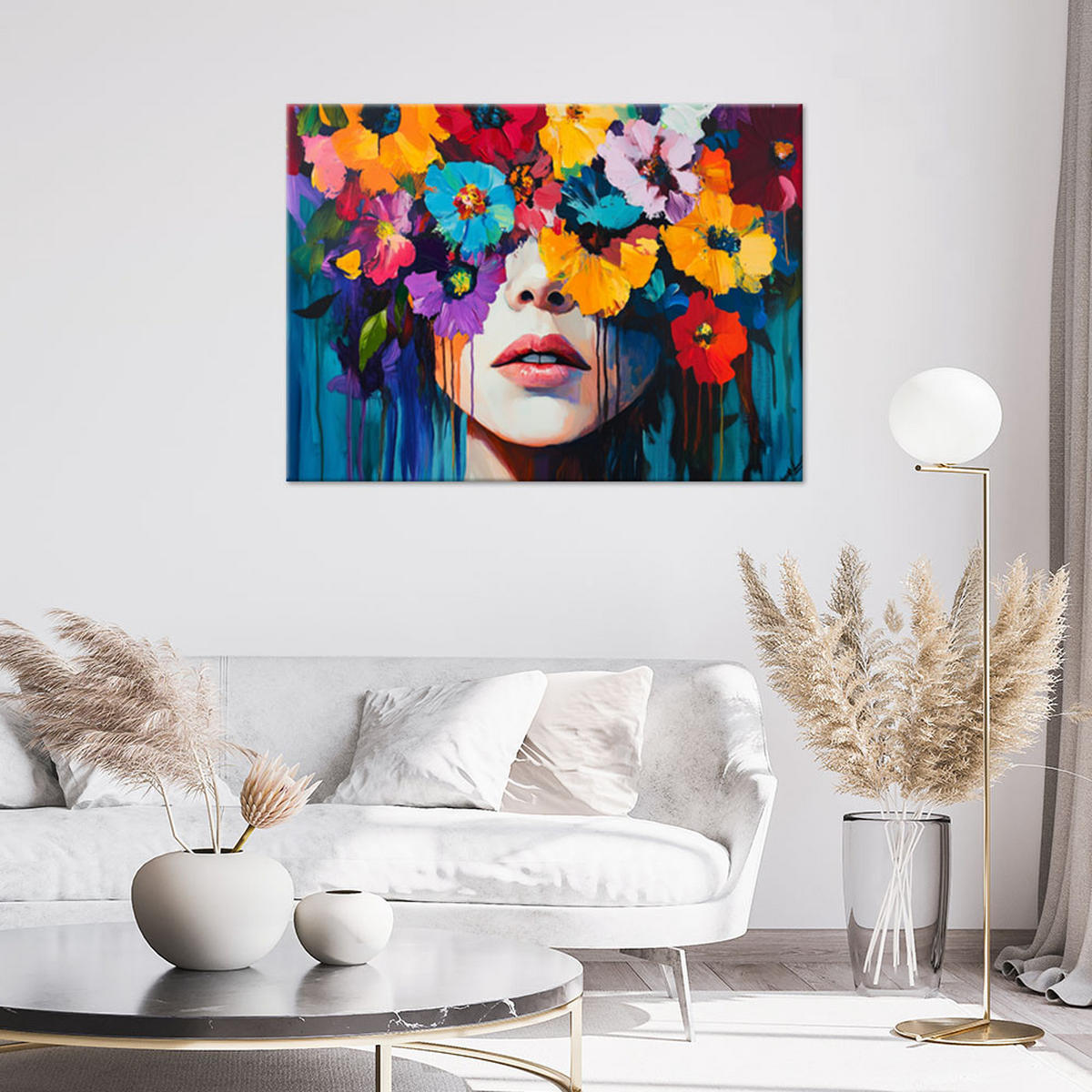 LEINWANDBILD Frau mit Blumen auf dem Kopf 90x60cm - Multicolor, Textil (90/60cm) - Feeby