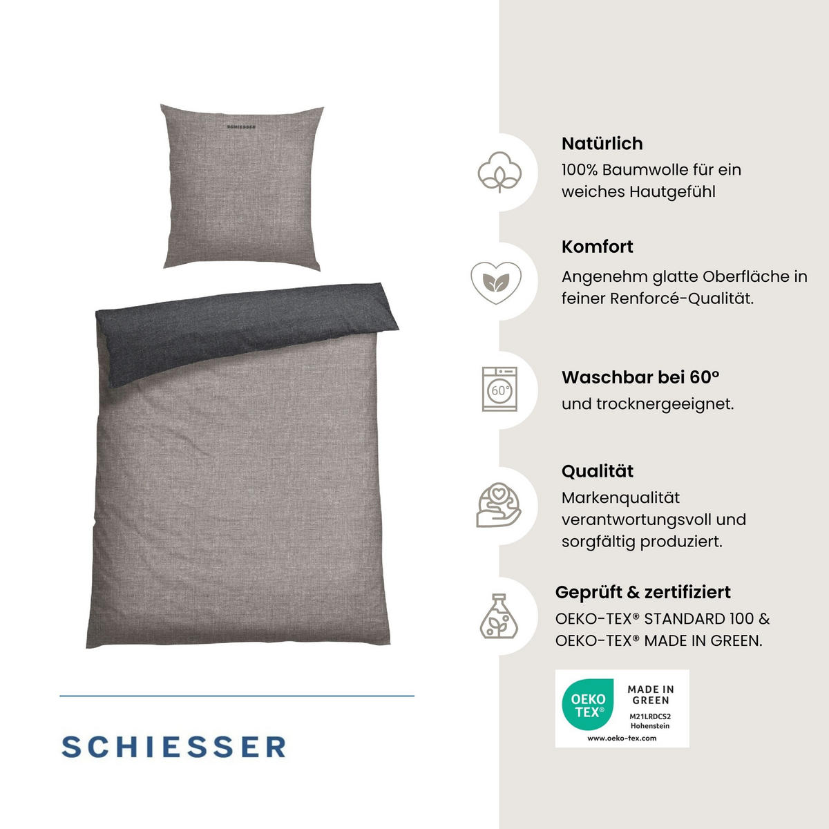 BETTWÄSCHESET Doubleface Renforcé 2-teilig 155x220 cm Grau-Schwarz - Schwarz, Textil (155/220cm) - SCHIESSER