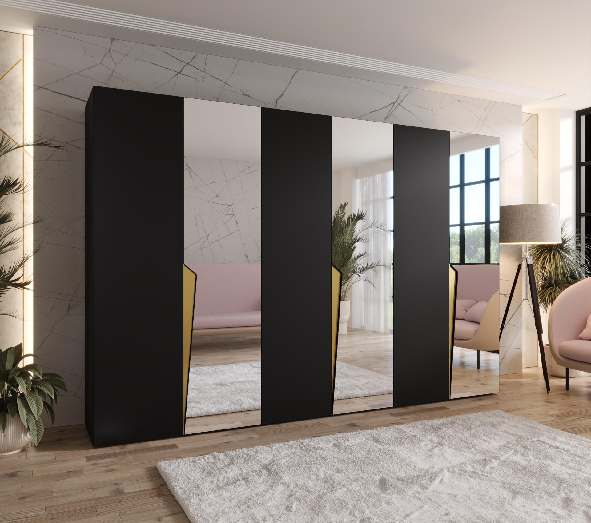 DREHTÜRENSCHRANK 202/300/52 6-türig - Goldfarben/Schwarz, Holz/Metall (300/202/52cm) - Abiks Möbel