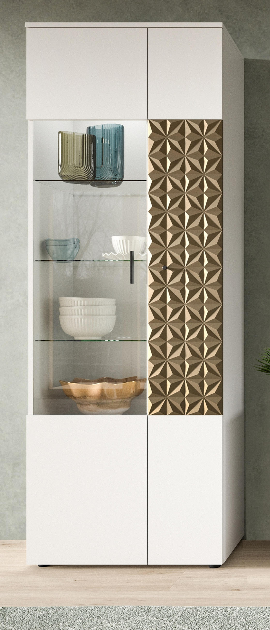 VITRINE weiß, Gold 70 cm, VITRINENSCHRANK mit 9 Fächern - Goldfarben/Schwarz, Glas/Holzwerkstoff (70/195/37cm) - Inn.Furn