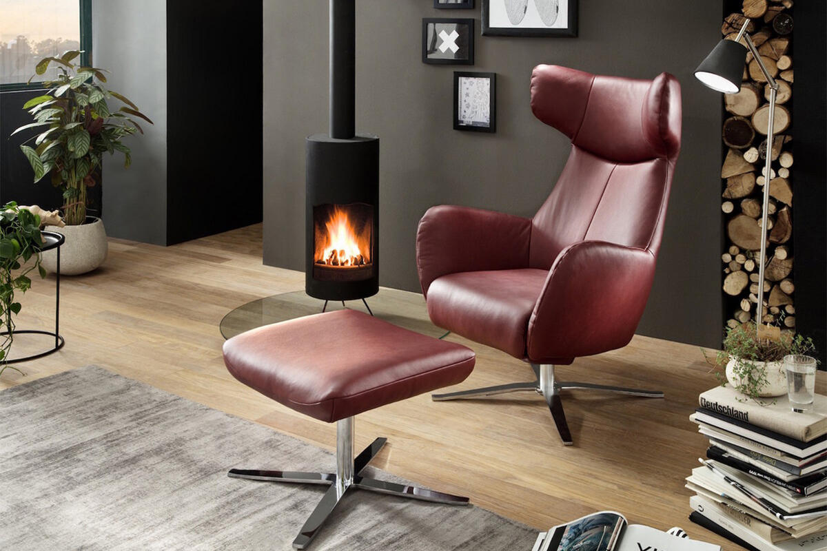 DREHSESSEL MIT WIPPFUNKTION INKL. HOCKER RANDY Rot Leder - Silberfarben/Rot, Leder (79/117/96cm) - KAWOLA