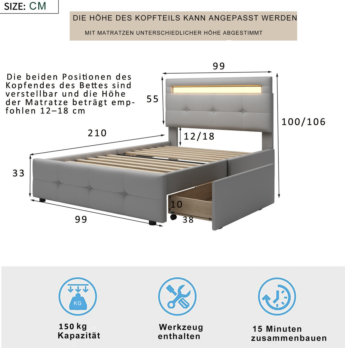 POLSTERBETT 90/200 cm Grau mit LED-Beleuchtung und 2 Schubladen - Grau, Textil (90/200cm) - Flora Grace