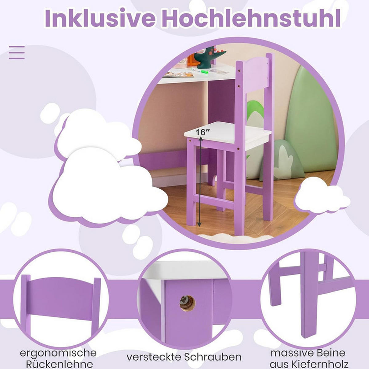 KINDERSCHREIBTISCH mit Stuhl lila(2-tlg) - Lila, Holzwerkstoff (90/85.5/45cm) - COSTWAY