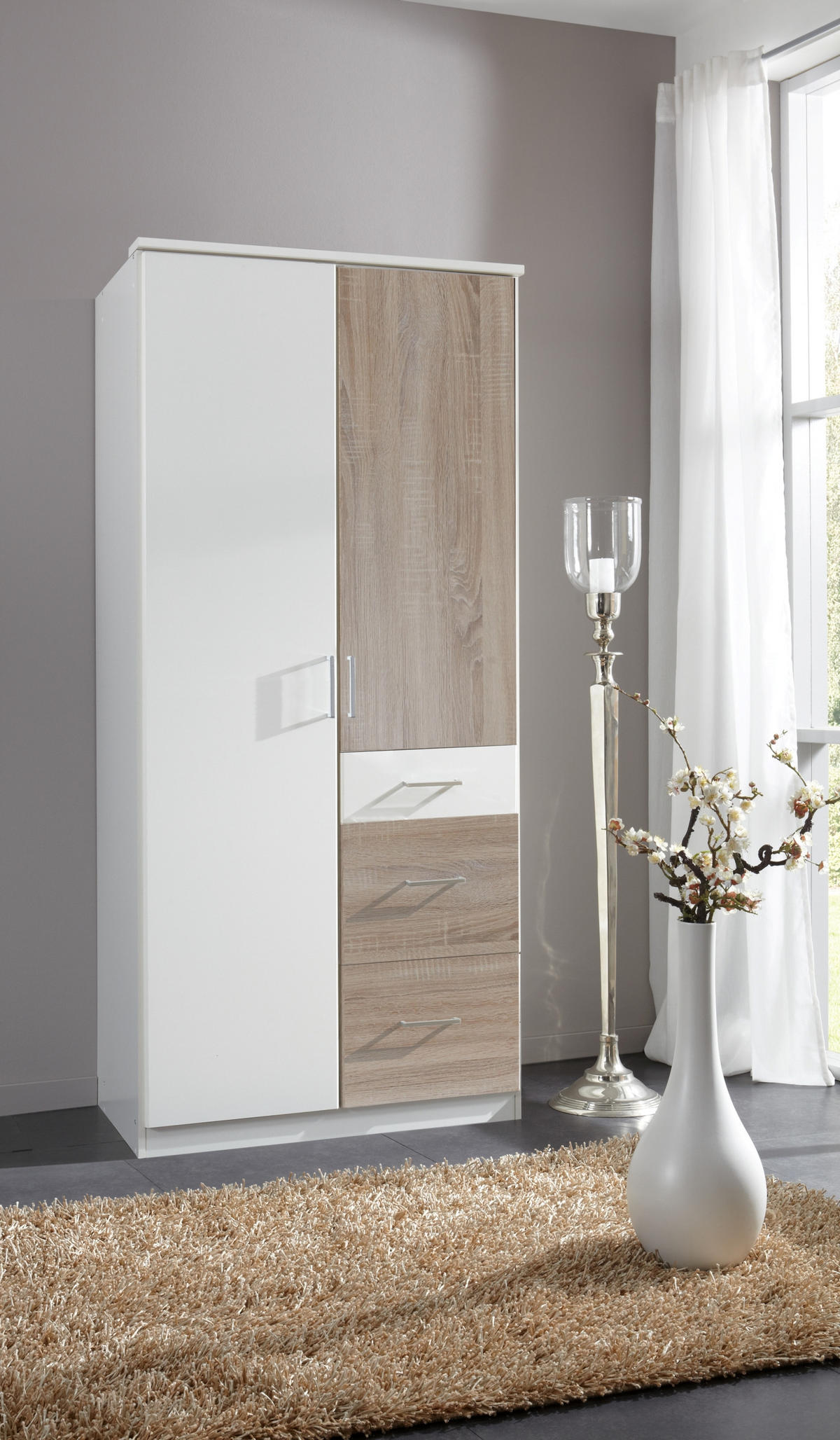 DREHTÜRENSCHRANK Click in Weiß mit Eiche Sägerau - 91 cm Breite - Weiß, Holzwerkstoff (91/199/58cm)