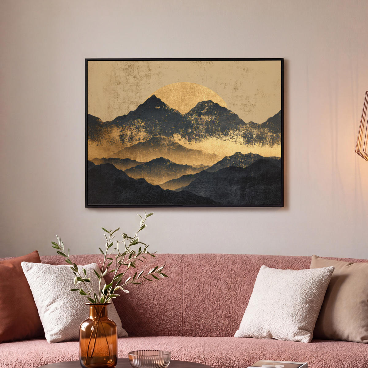 LEINWAND Bilder mit Rahmen - Goldene Berge bei Mondschein - 70x50 - Goldfarben, Textil (70/50cm) - MuchoWow