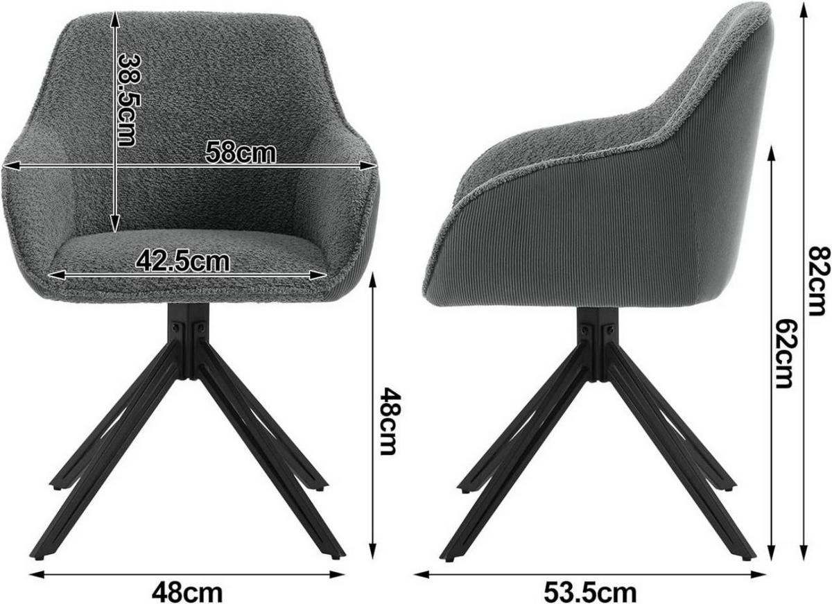 ESSZIMMERSTUHL 6er Set, drehbar, Bouclé, Cord, Dunkelgrau - Dunkelgrau/Schwarz, Textil/Metall (58/82/53.5cm) - Woltu