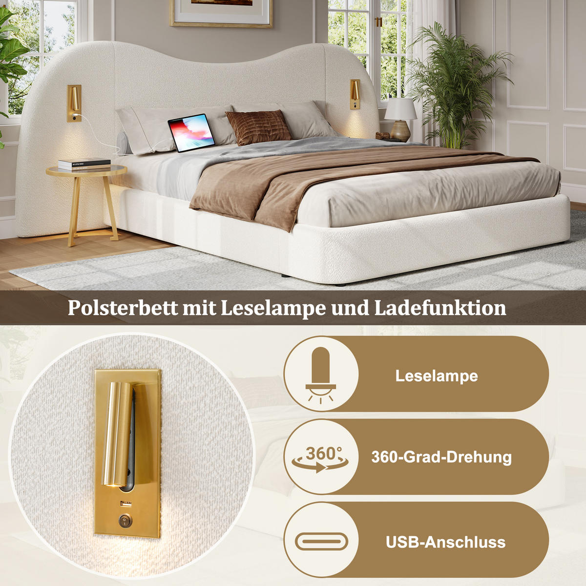 POLSTERBETT 180/200 cm weiß aus Bouclé mit hydraulischem Stauraum - Weiß, Textil (180/200cm) - OKWISH