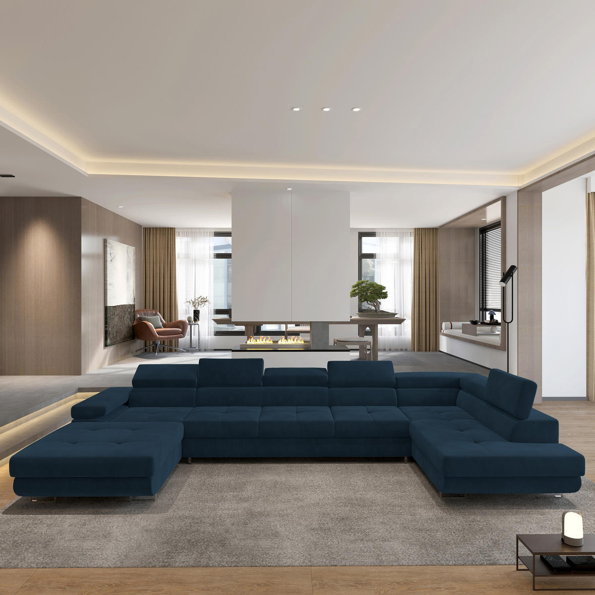 ROHOVÁ SEDAČKA TORIVA modrá - modrá/stříbrná, kov/dřevo (418/202cm) - MASSENO